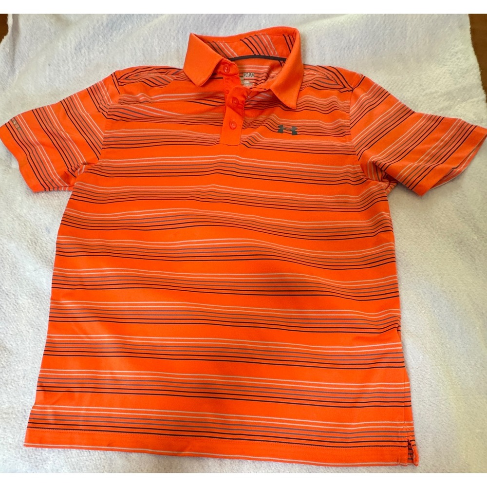 Under Armour‎ Mens HeatGear Polo Shirt Orange Striped Short Sleeve Loose Fit M